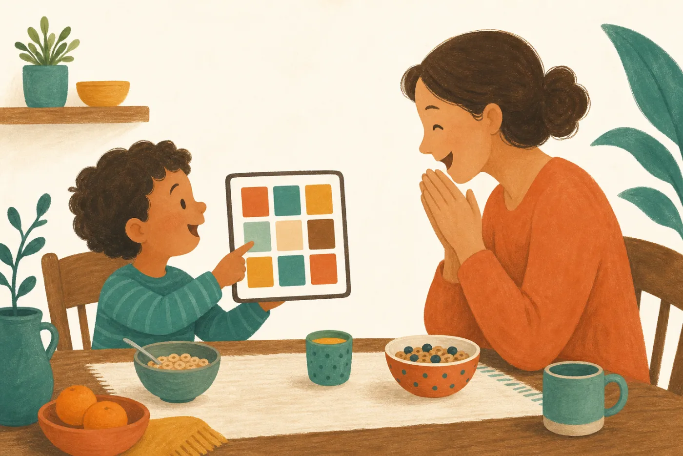 Child showing a parent what they want at breakfast using a picture board on a tablet