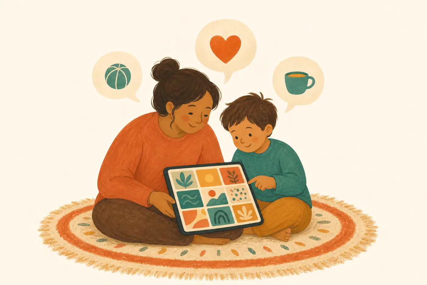 Parent and child looking at a picture board on a tablet together