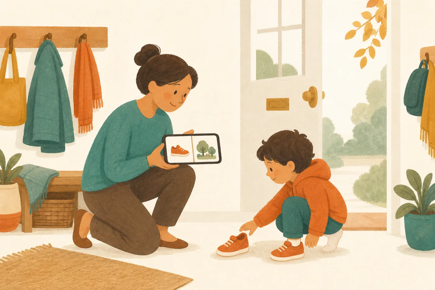 Parent shows a first-then board — first shoes, then the park — and the child reaches for their shoe