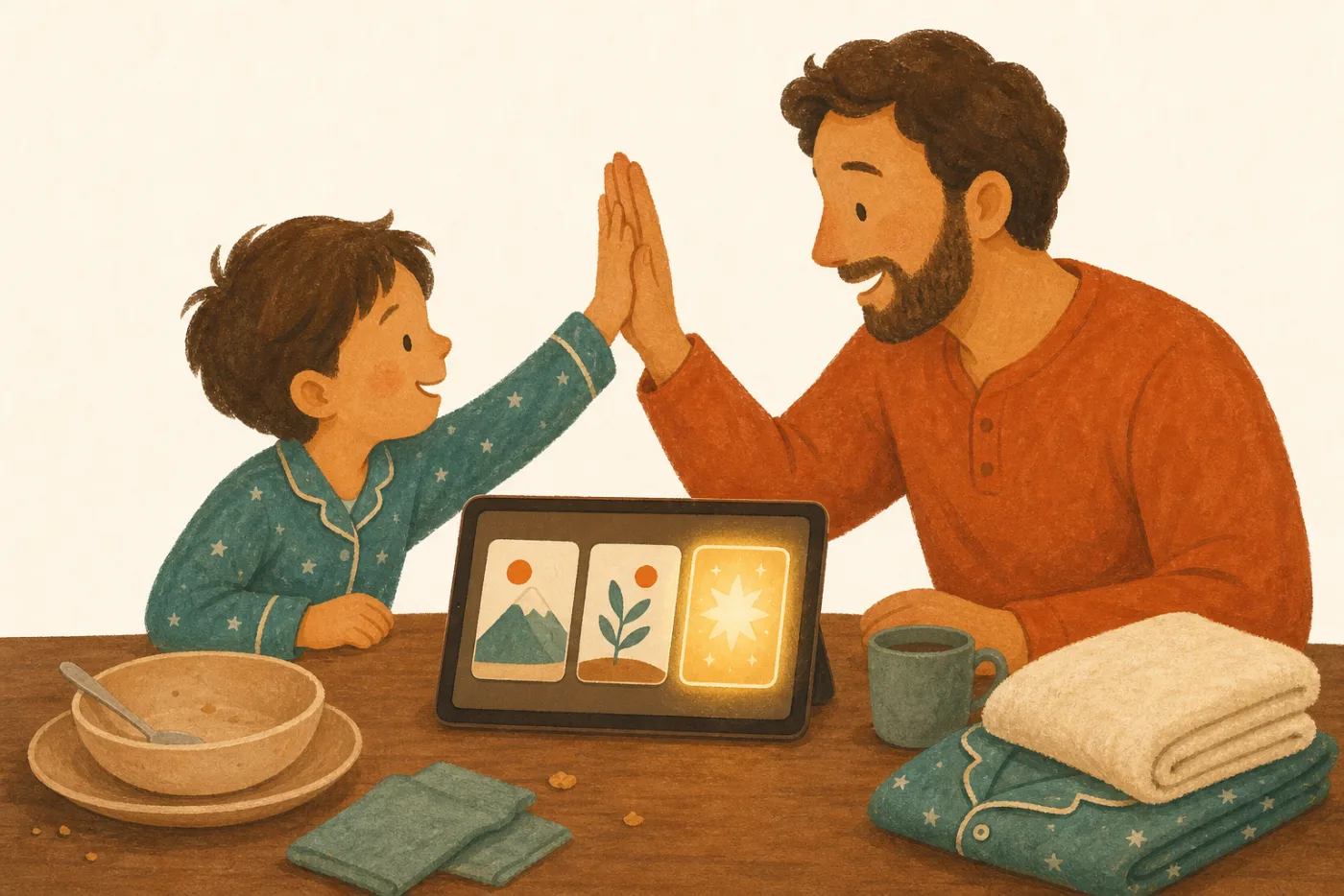 Child and parent high-five over a finished routine, the last card glowing