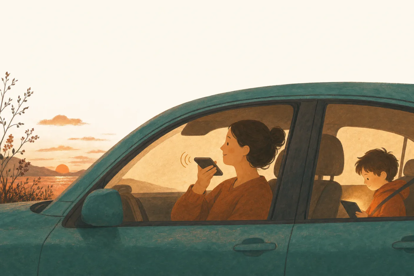 Parent leaving a voice note in the car, child in the back seat