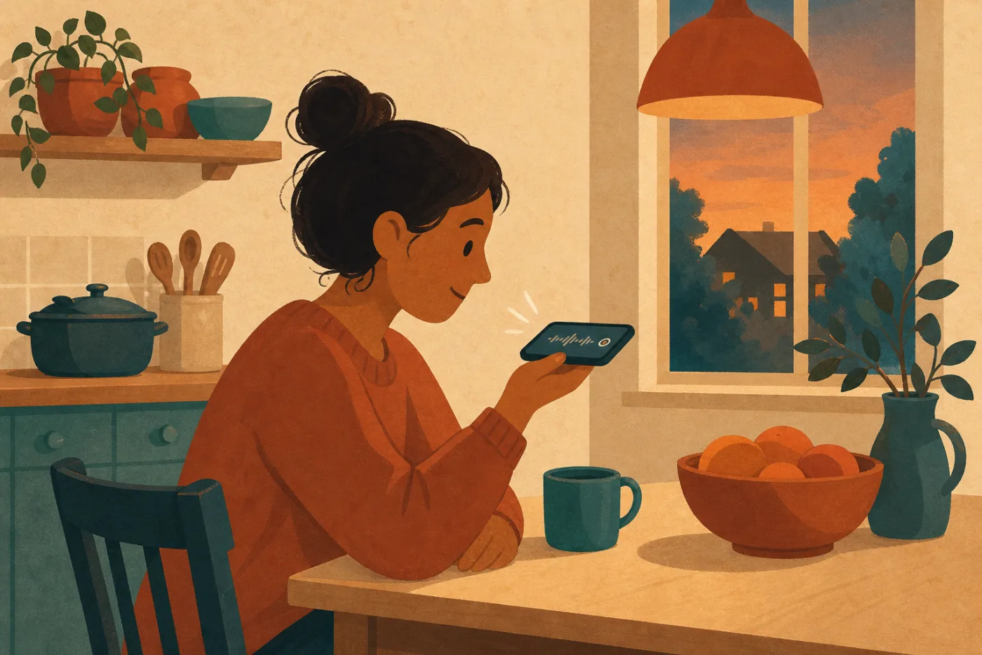A parent recording a voice note at the kitchen table