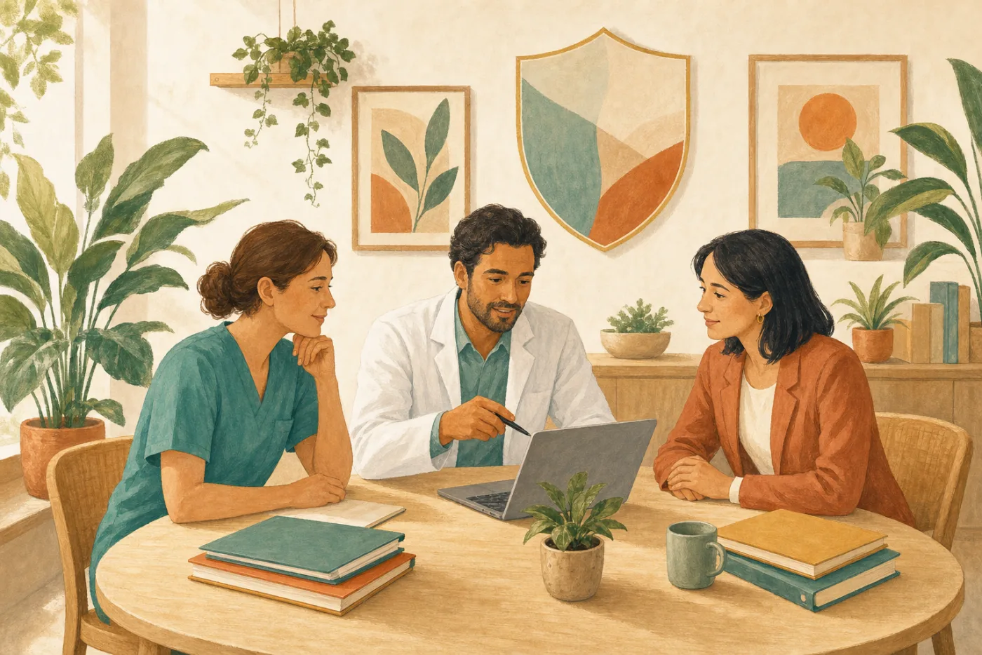 A clinic team in a calm meeting around a table