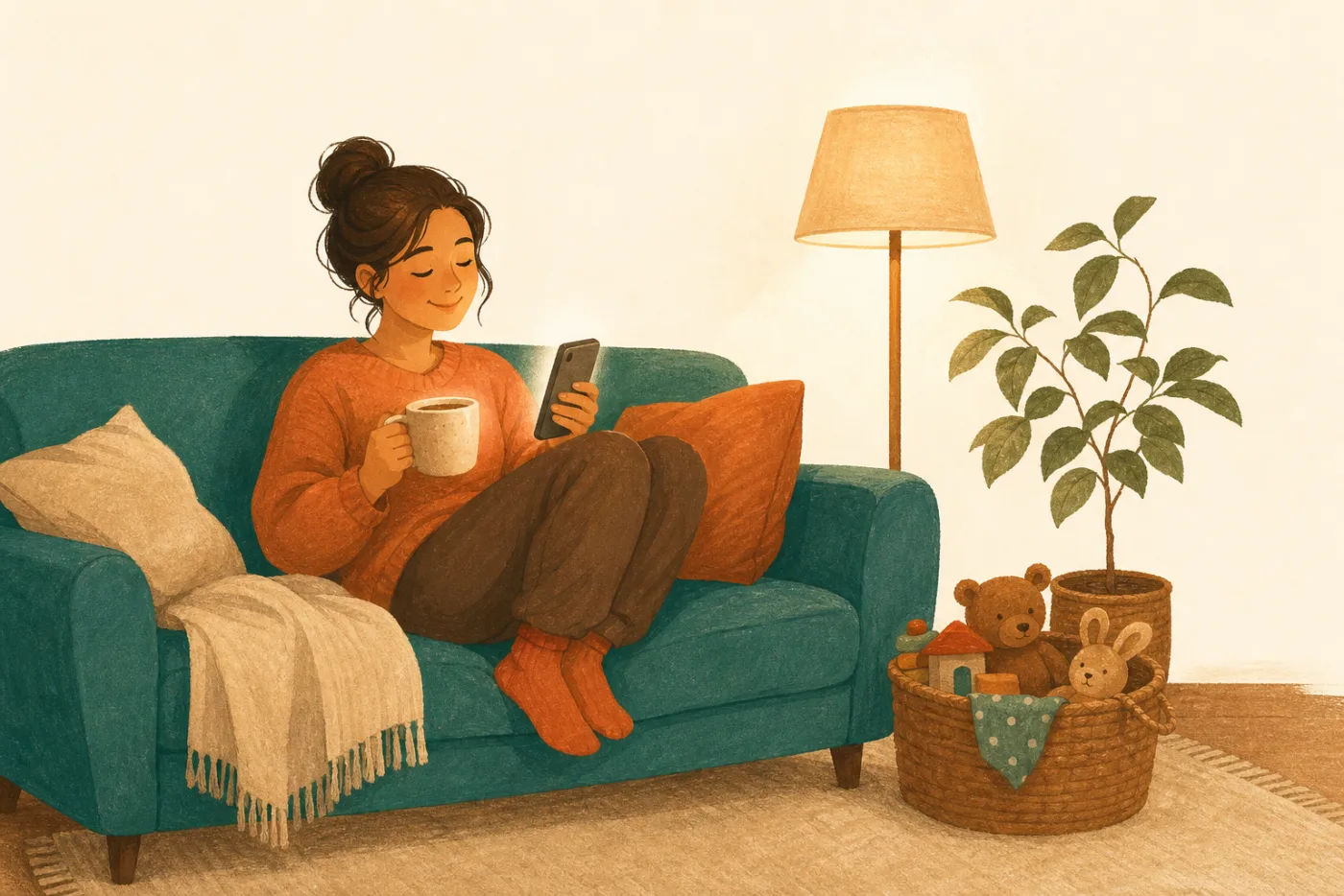 Parent on the couch at night, reading a calm note from Alora