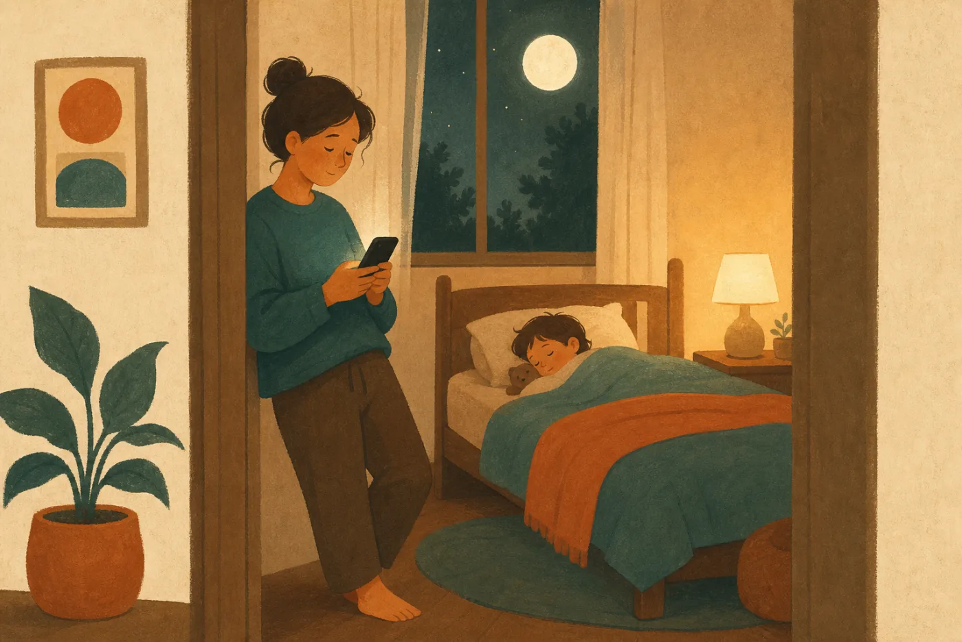 Parent texting a note from the doorway of their child's room at night