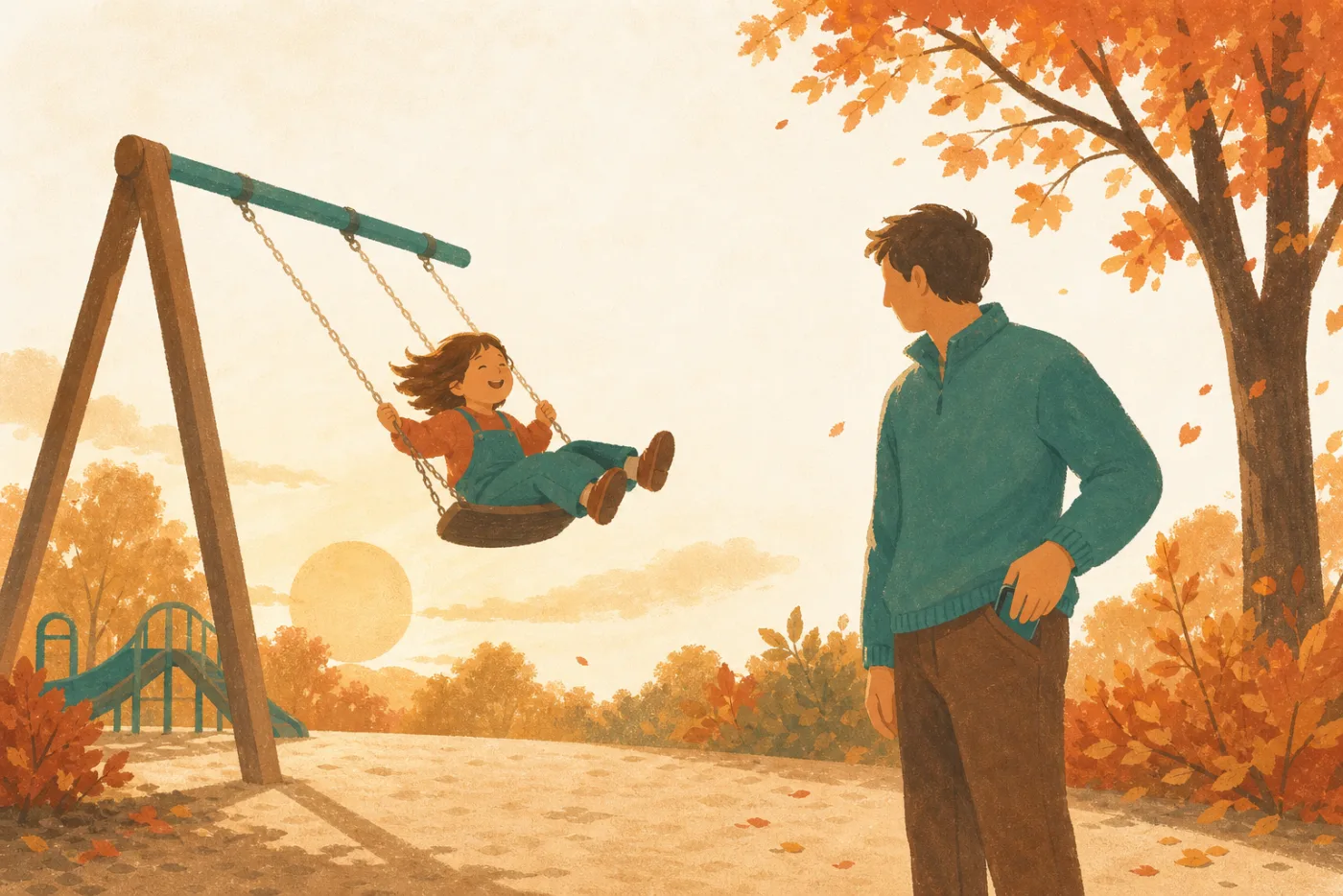Child on a playground swing, parent reaching for their phone