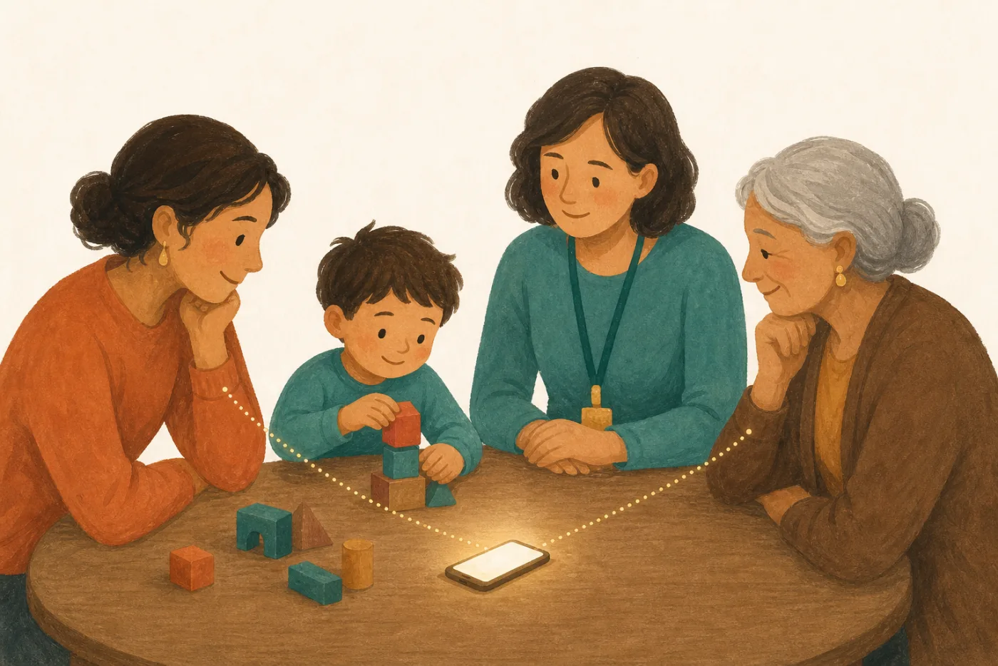 Parent, therapist and grandparent around a child — connected by one thread